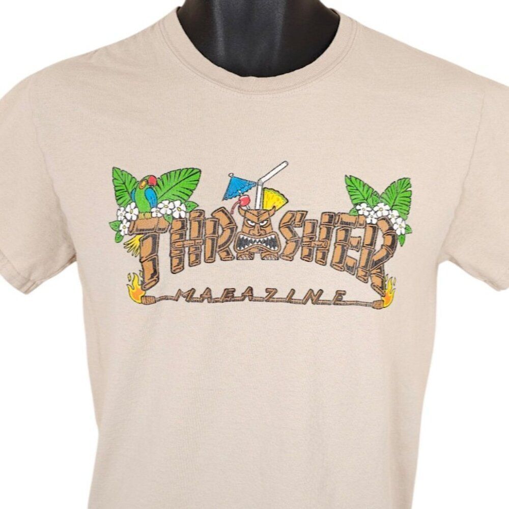 Thrasher Magazine T Shirt Mens Size Small Beige Tiki Skater Skateboarding